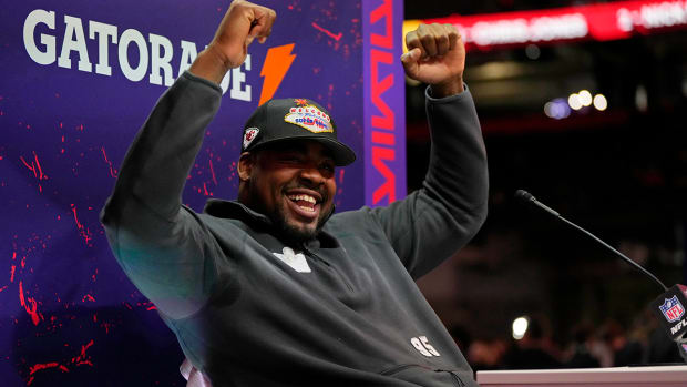 Kansas City Chiefs defensive tackle Chris Jones (95) talks to the media during Super Bowl LVIII Opening Night. 